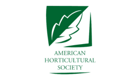 Image is a green and white square with a leaf in the middle. Green text underneath reads "American Horticultural Society."