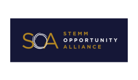 a navy blue background with "SOA" in gold. Text to the right reads "STEMM Opportunity Alliance."