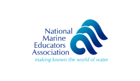 Image contains three blue waves vertically aligned. Blue text to the left reads "National Marine Educators Association." Light blue text below reads "making known the world of water."