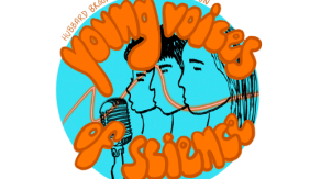 Image contains a light blue circle. Orange text at the bottom and top read "Young Voices of Science." Drawing inside the circle contains three people speaking into a microphone.