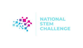 Image contains a brain to the left in blue, purple, and pink. Light blue text to the right reads "National STEM Challenge"