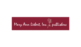 image contains a dark red background. white text inside reads "mary ann liebert, inc publishers." image contains a golden outline of a flower between "inc" and "publishers"