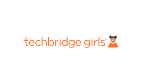 image contains orange to the text reading "techbridge girls." to the right is a profile image of a girl with a dark skin tone and two black buns on her head. She is wearing an orange shirt.