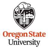 a black and a white badge with a badger on top and a sun, mountain with three stars above it, and an open book with a pine tree on top of it. underneath is an orange "Oregon State" text with a black "University" text underneath.