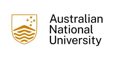 a gold shield with five stars in the upper right corner and five wavy lines at the bottom. Black text to the right reads "Australian National University"