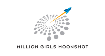 A burst of grey dots in a circle with a blue rocket shooting out from the center towards the upper right corner. Text beneath the image reads "Million Girls Moonshot."