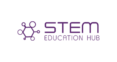 A purple hexagon with circles connected to each corner of various sizes. Purple text to the right reads "STEM Education Hub"