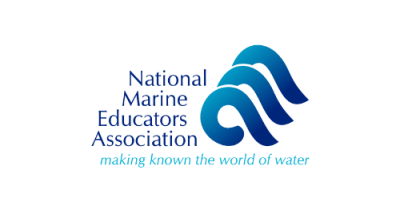 Image contains three blue waves vertically aligned. Blue text to the left reads "National Marine Educators Association." Light blue text below reads "making known the world of water."