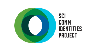 Image to the left is a a green ring and a blue ring slightly overlapping. Black text to the right reads "SciComm Identities Project"