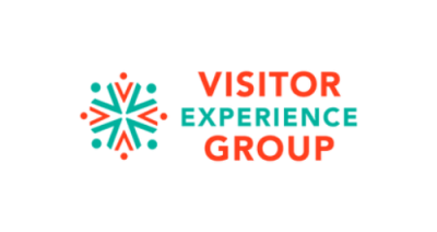 Image displays alternating V's to create a star to the left in orange and teal. Text to the right reads "Visitor Experience Group."