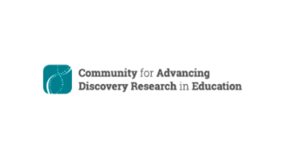 Image contains a teal square with rounded edges with two lines forming DNA strands inside in white. Grey text outside of the square and to the right reads "Community for Advancing Discovery Research in Education"