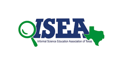 Image contains a green magnifying glass to the left and the state of Texas in green to the right. Blue text in between both images reads "ISEA." Smaller black text underneath reads "Informal Science Education Association of Texas."