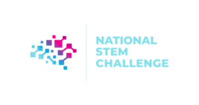 Image contains a brain to the left in blue, purple, and pink. Light blue text to the right reads "National STEM Challenge"