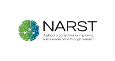 Image contains a blue and green circle to the left with white network nodes. Black text to the right reads "NARST: a global organization for improving science education through research