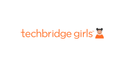 image contains orange to the text reading "techbridge girls." to the right is a profile image of a girl with a dark skin tone and two black buns on her head. She is wearing an orange shirt.