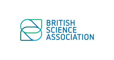 Blue text to the right reads "British Science Association." Image to the left of the text are overlapping green, dark blue, and light blue shapes.