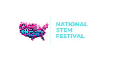 Image to the left contains the continental United States in an array of pink, light blue, and dark blue squares. Light blue text to the right of this image reads "National STEM Festival"