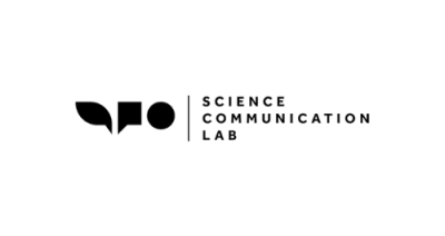 Image in black contains two speech bubbles and a circle. Text to the right reads "Science Communication Lab"