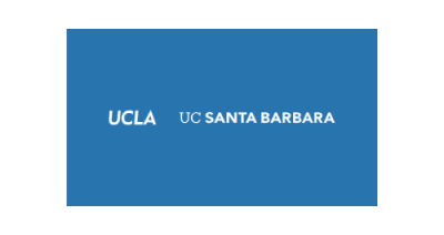 Image contains a blue background. White text reads "UCLA" and "UC Santa Barbara"