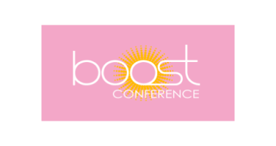 White text against a light pink background that reads "boost conference." there is an image of a yellow sun behind the text.